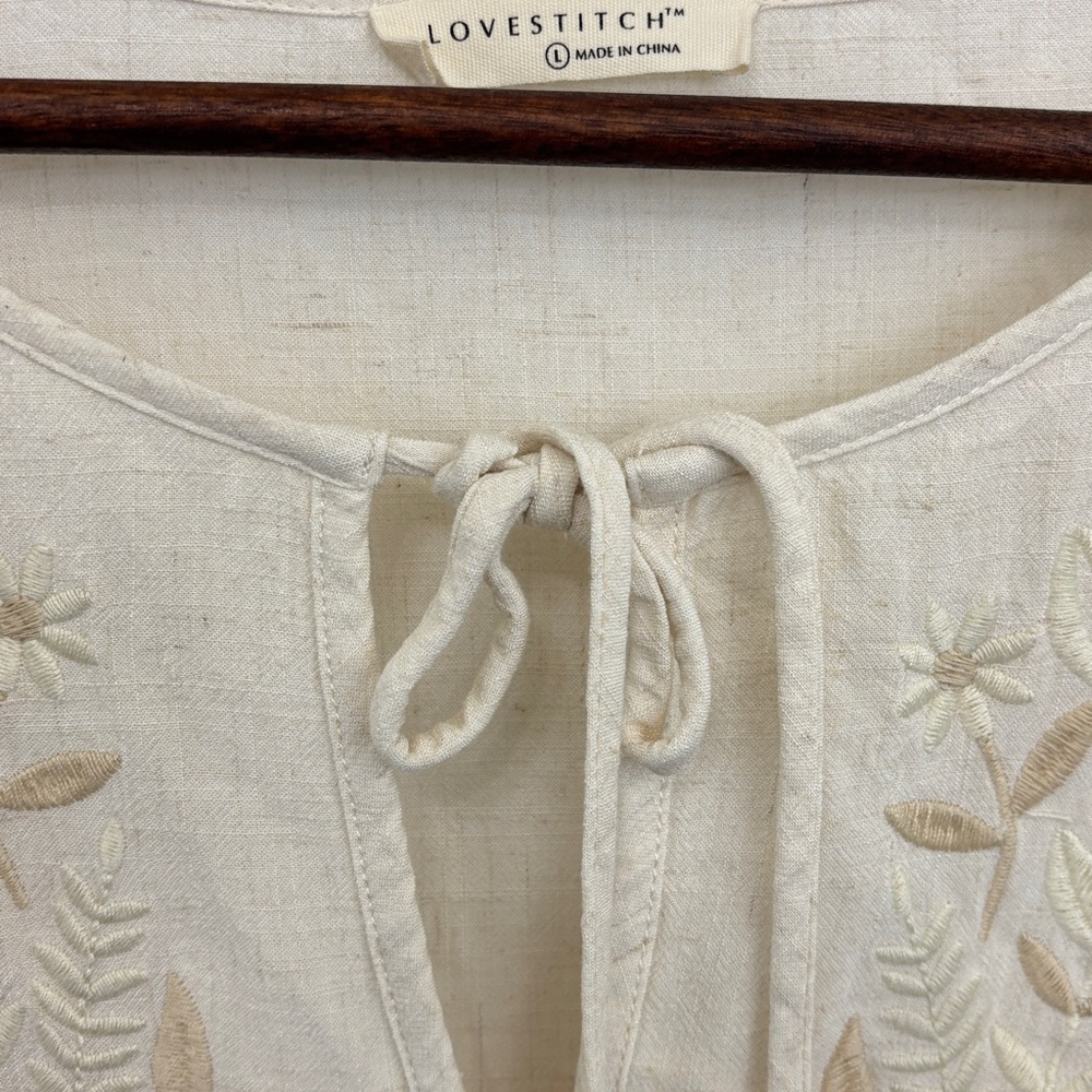 LOVESTITCH Boho Embroidered Cream Peasant Dress SZ L - Picture 3 of 4